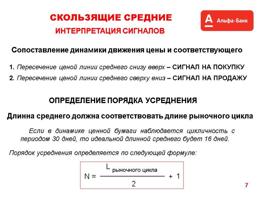 7 ИНТЕРПРЕТАЦИЯ СИГНАЛОВ СКОЛЬЗЯЩИЕ СРЕДНИЕ Если в динамике ценной бумаги наблюдается цикличность с периодом